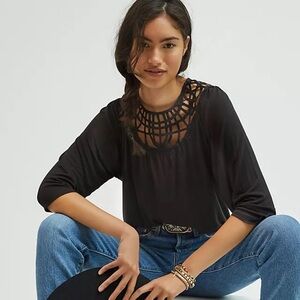 Anthropologie Black Embroidered Lace Bib Top Size XS